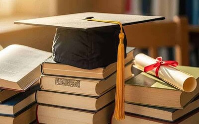 Étudiant diplômé, chapeau de graduation, livres, réussite académique, diplômes, savoir, étude universitaire, éducation, cérémonie de remise des diplômes, concept éducatif.